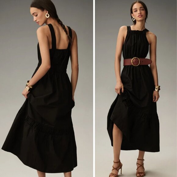 NEW Anthropologie Somerset Maxi Dress Black Cotton Poplin Halter Preppy Coastal - Picture 1 of 9